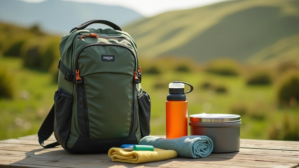 Backpack with water bottle, sandwich wrapper, and small towel on picnic table, natural outdoor lighting