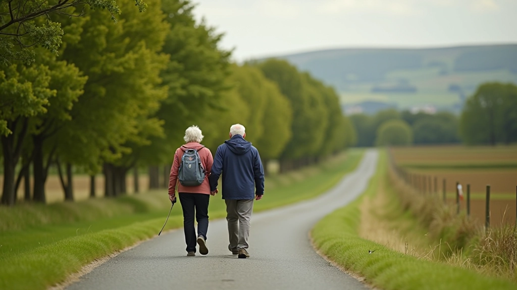 Couple walking on tree-lined paved greenway path, countryside visible in distance, clear day