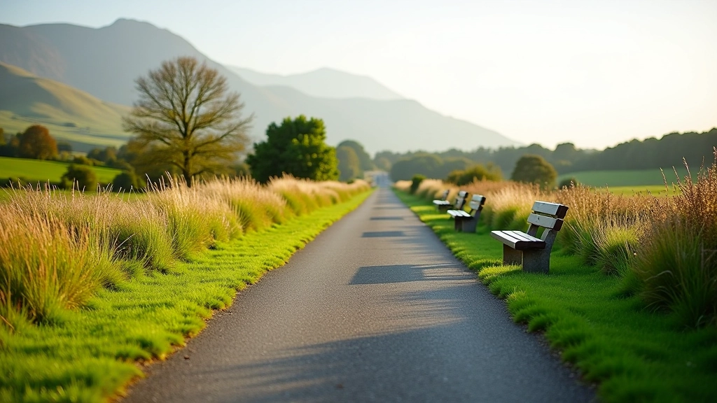 Flat paved walking path through countryside with benches and clear markings, accessible and well-maintained