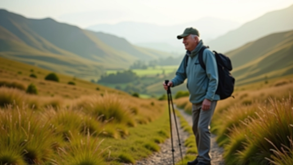 Senior person with walking poles standing on hillside path, scenic valley view in background, sunny afternoon