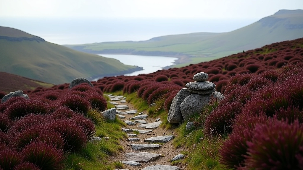 Mountain path curving gently around lower slopes with purple heather and stone markers