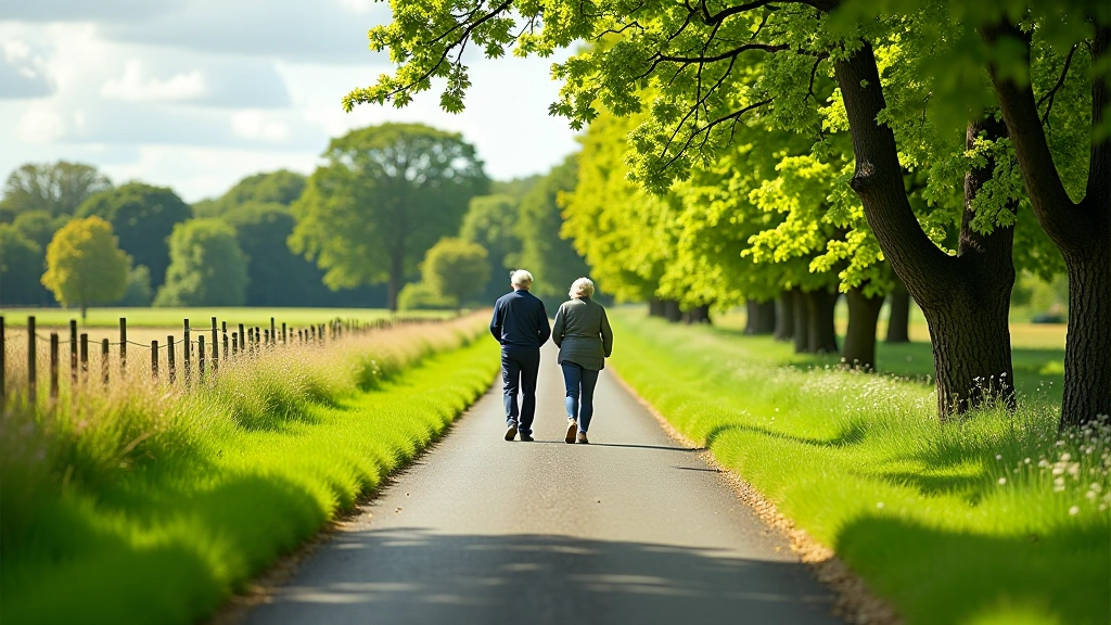 Flat paved greenway path with couple walking, trees lining the trail, peaceful countryside setting