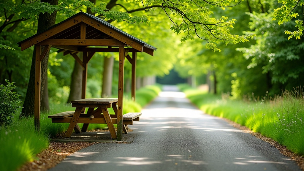 Picnic table and shelter structure on paved greenway path, tree coverage above, benches in foreground