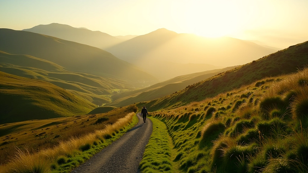 Scenic hillside trail with green slopes, distant mountains, and winding path through natural landscape