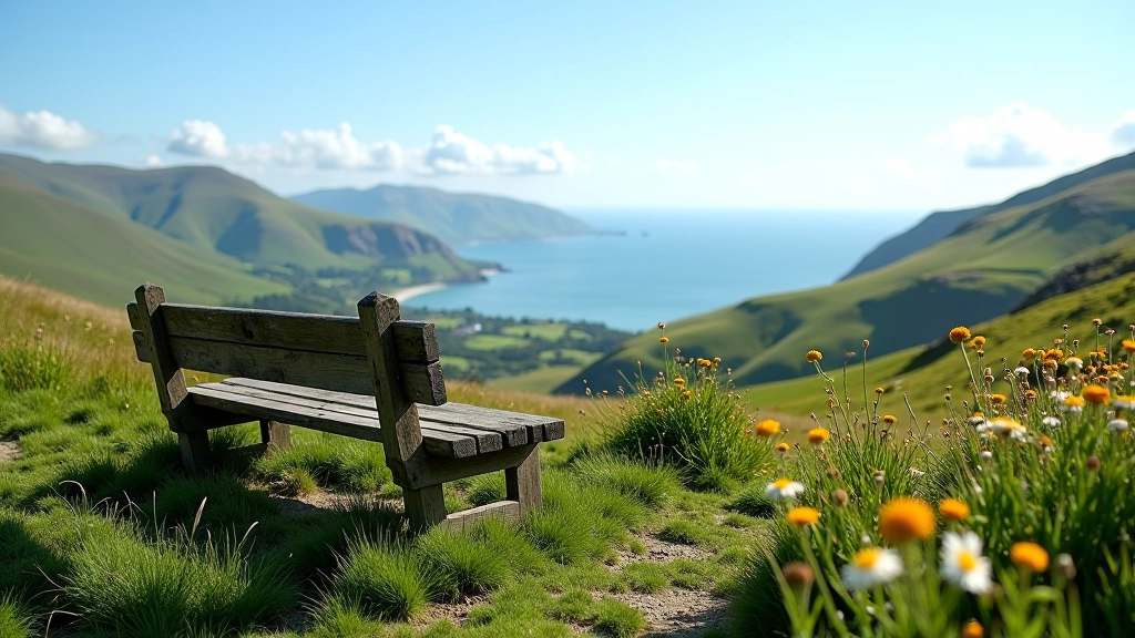 Scenic viewpoint with wooden benches, peaceful rest area