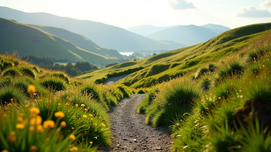 Winding path through green hillside with wildflowers and distant mountains in morning light